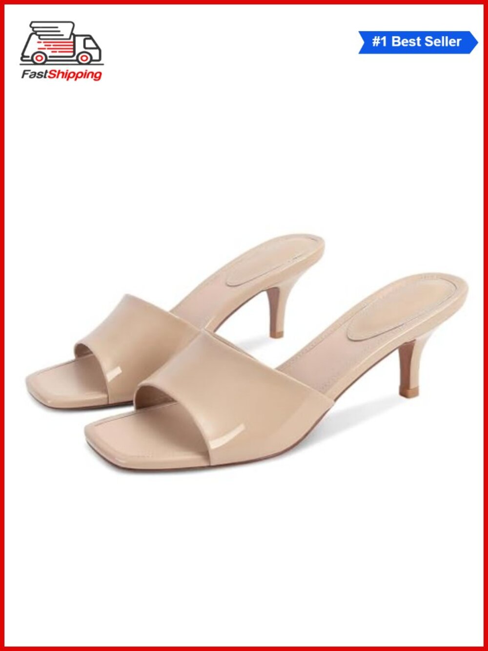 ✨Women's Kitten Heel Sandals Square Open Toe Slip On Heeled Mule Vegan Leather